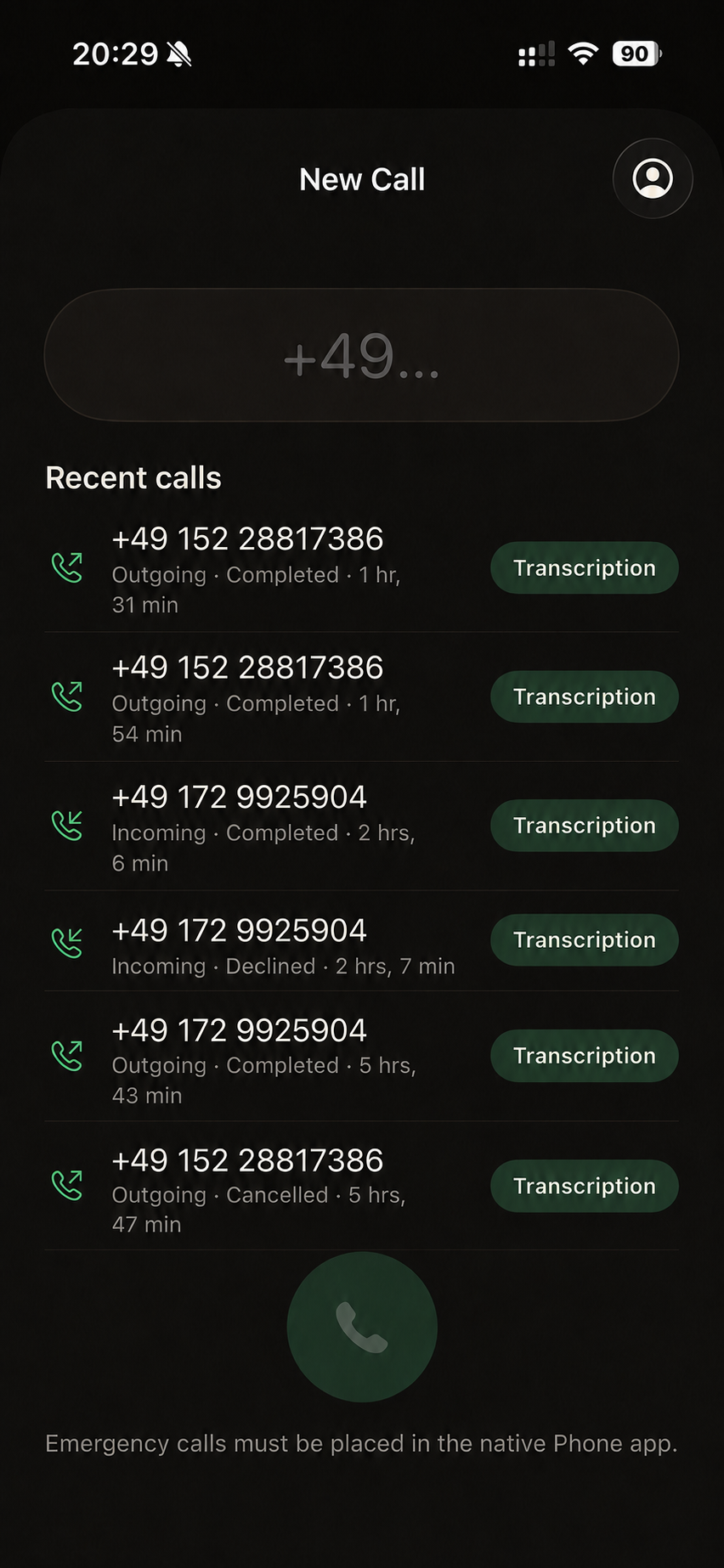 Anton App call list with transcriptions