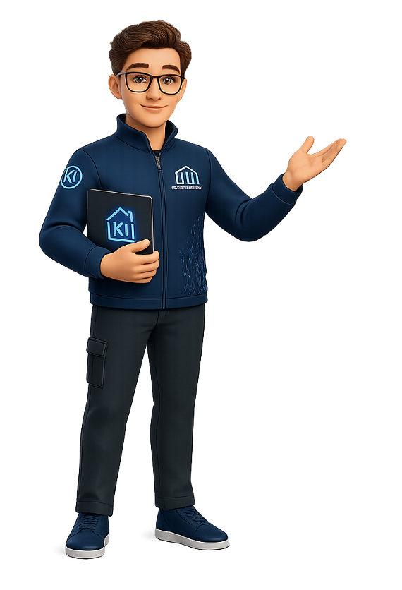 Anton, der KI-Objektbetreuer, freundliche 3D-Figur mit Brille und marineblauer Arbeitsjacke, hält ein Tablet.